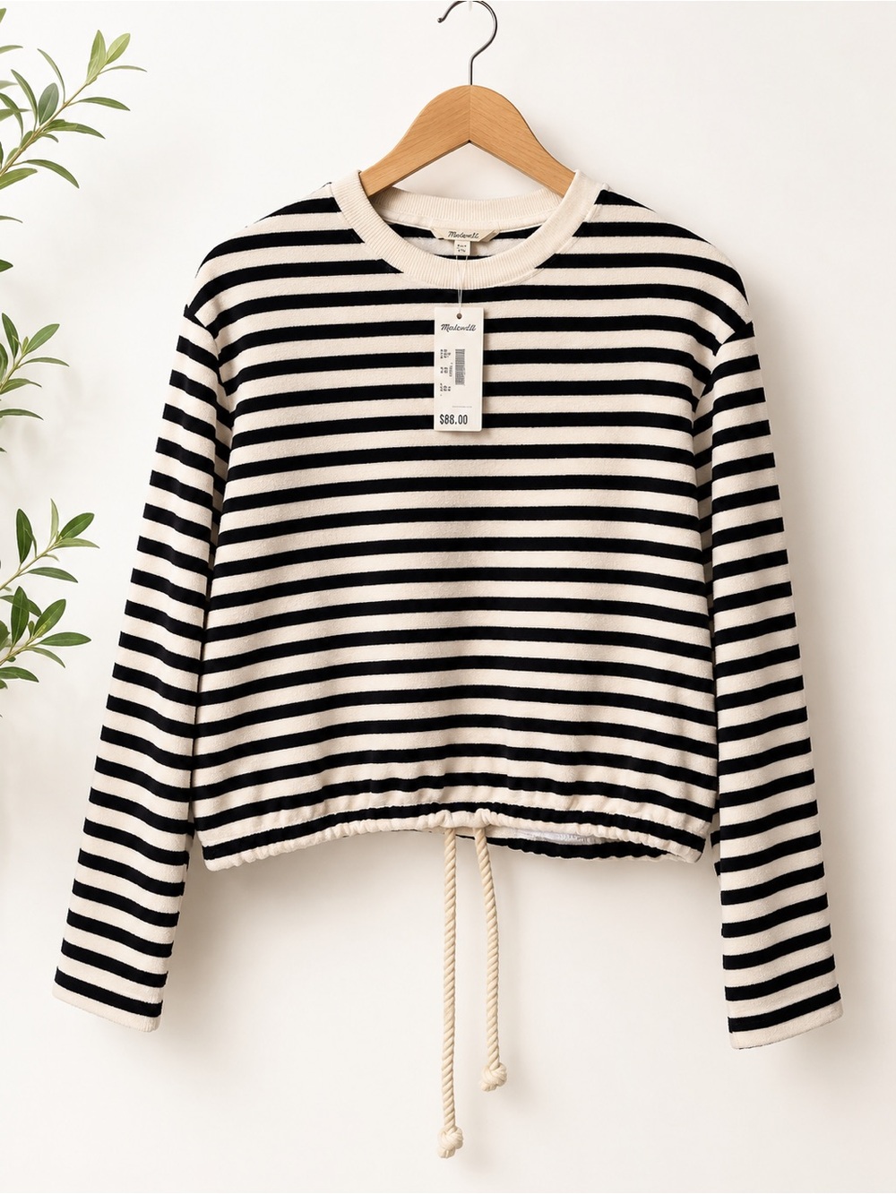 NWT Madewell TieWaist Terry Top Black/Ivory/ Stripes (fits Oversized)Retail $88